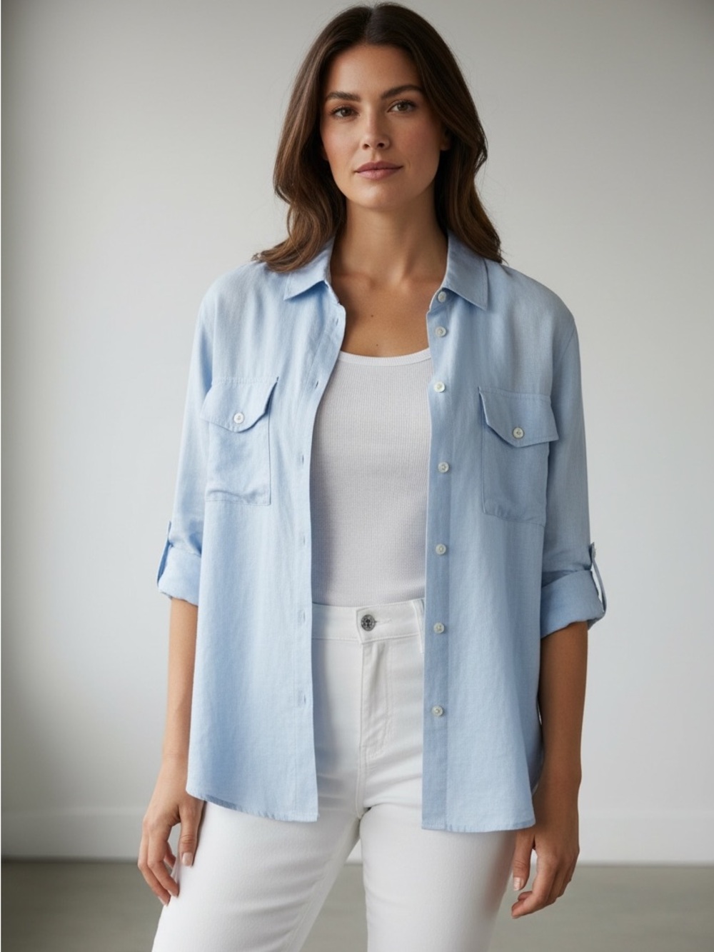 Jones New York Linen Blend Roll Tab Shirt Women’s Large Blue Button Front Career
